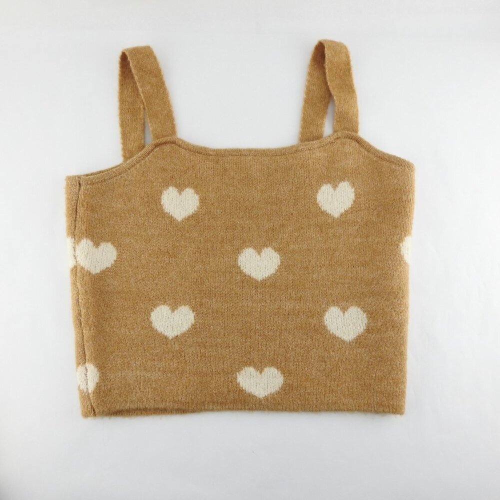 Women's Knit Lush Tan Heart Sweater Tank Top Soft Cream Beige Sz - Picture 2 of 6